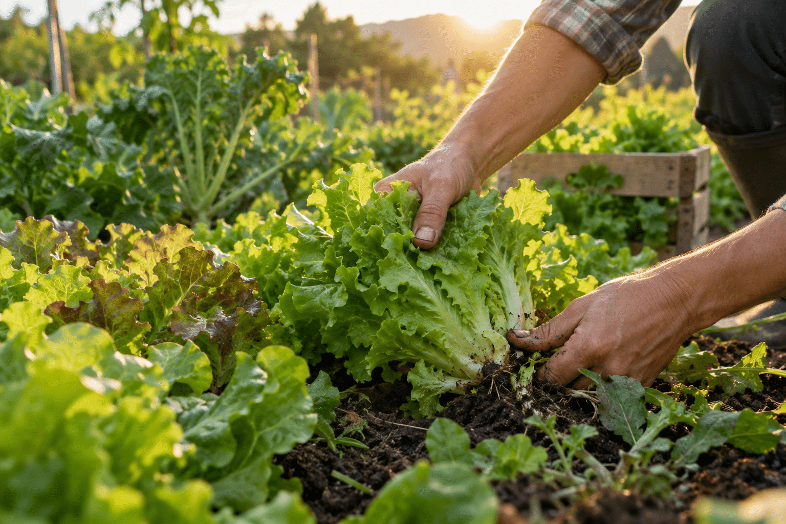 Hands harvesting leafy greens in a garden; illustrative placeholder.