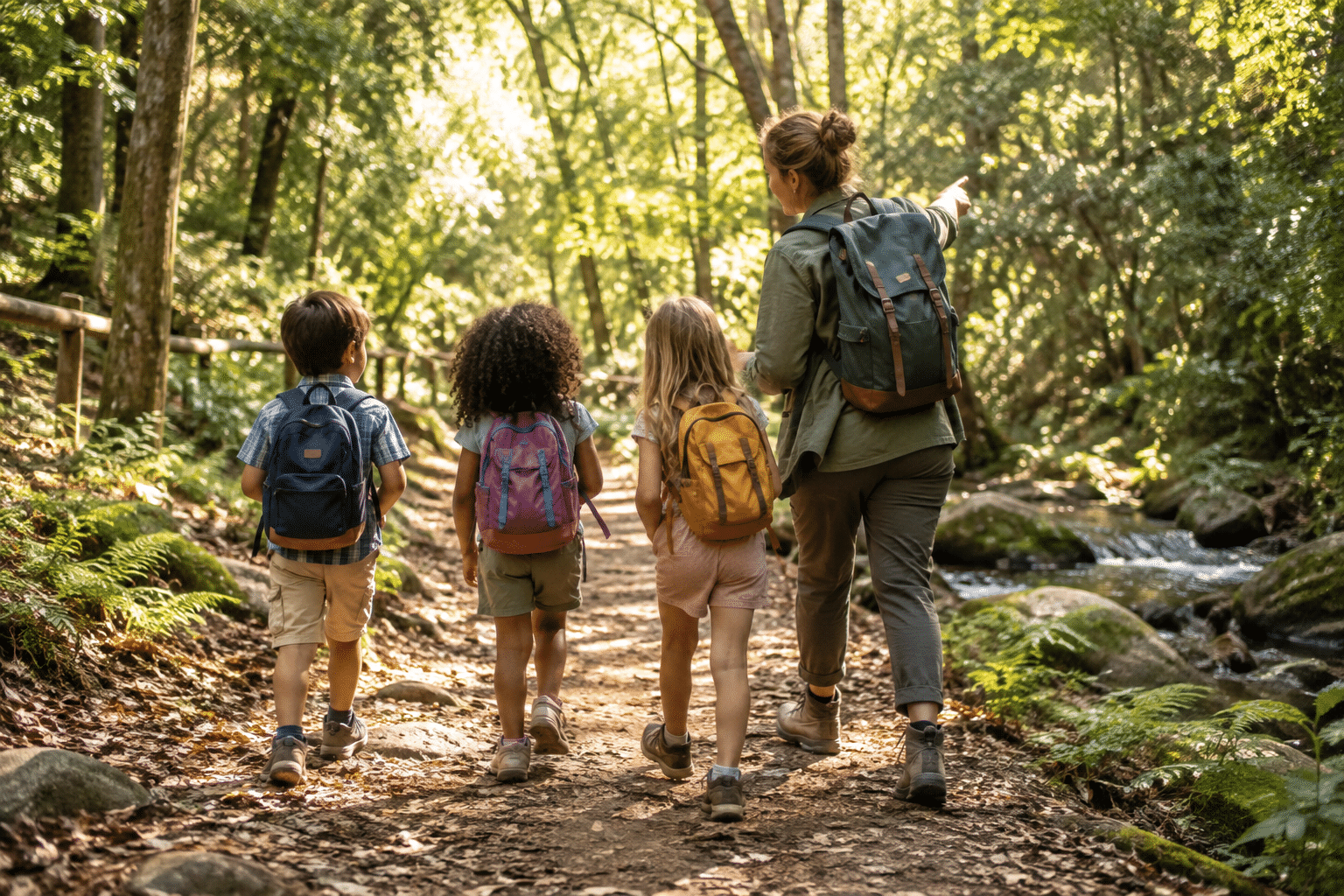 Children exploring a woodland trail with an educator; illustrative placeholder.