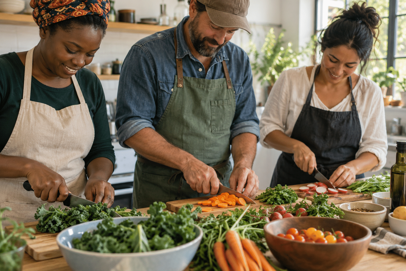 Participants preparing vegetables in a teaching kitchen; illustrative placeholder.