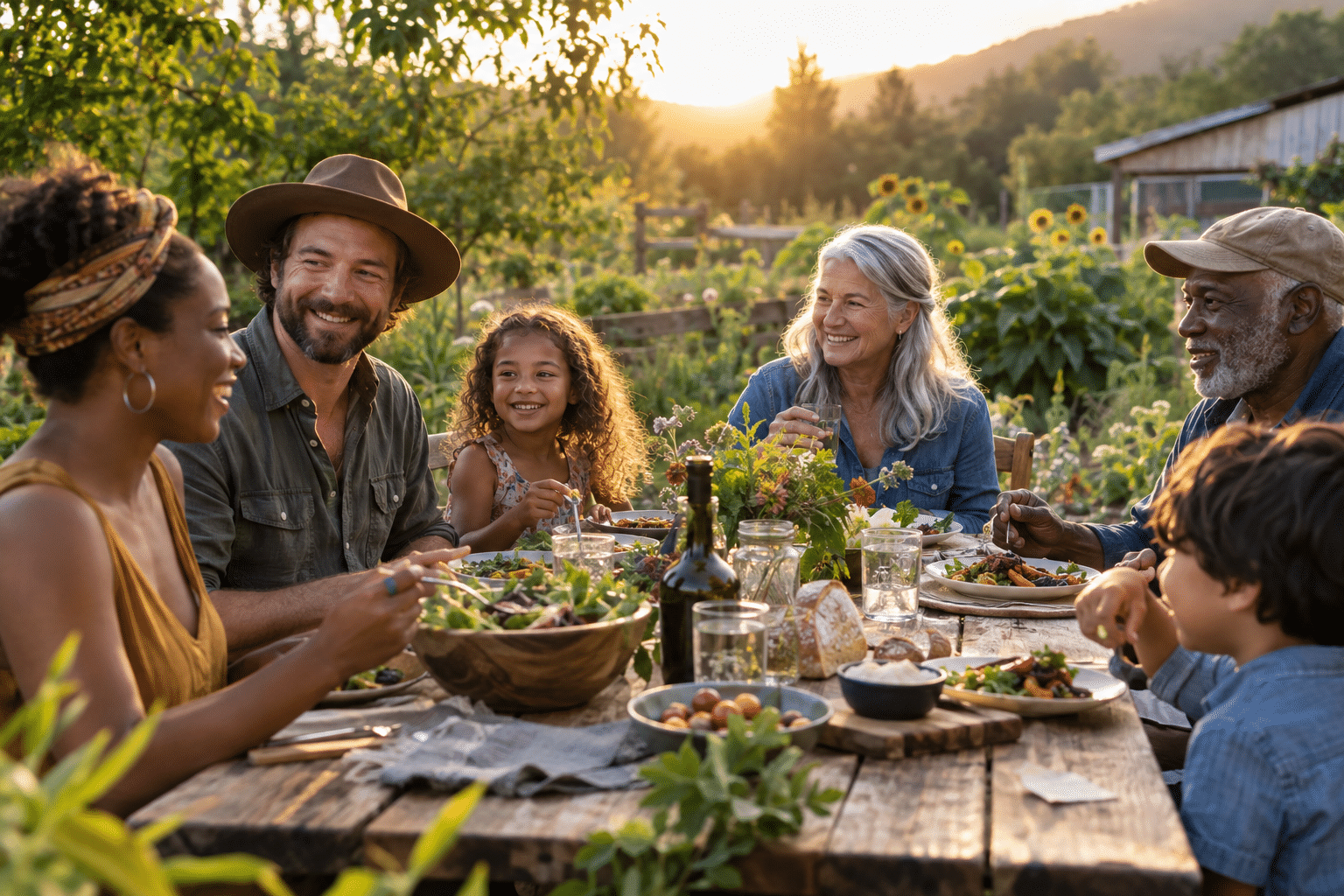 Neighbors sharing an outdoor meal; illustrative placeholder.